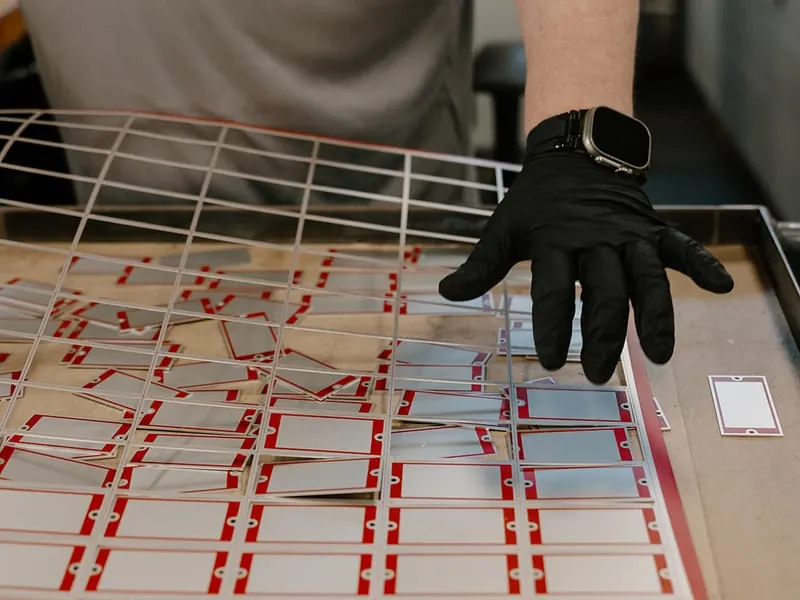 Freshly etched aluminum tags being broken out of the sheet