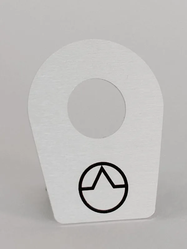 A brushed aluminum hang tag with a printed logo