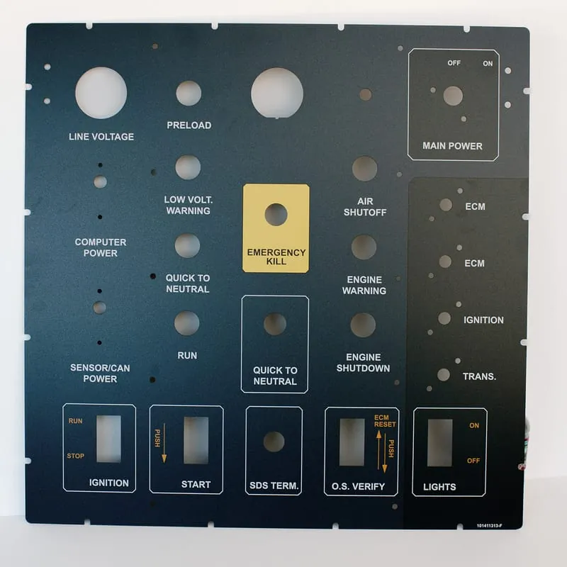 A dark engine control panel overlay with an emergency kill switch and labeled switch positions