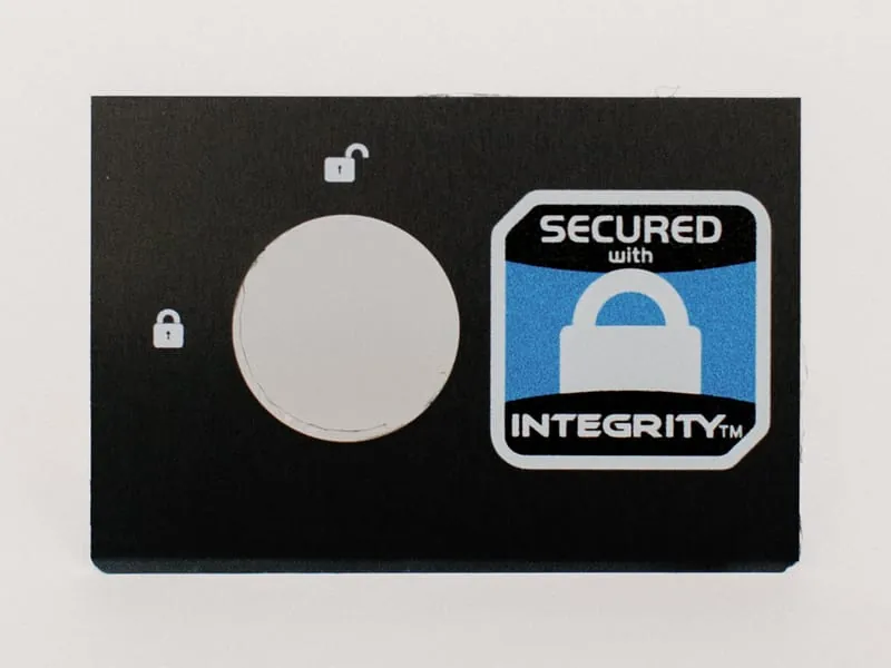 A black panel with a full-color Secured with Integrity lock decal
