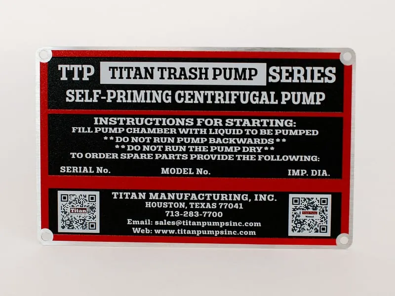 A full-color digitally printed Titan Trash Pump data plate with QR codes