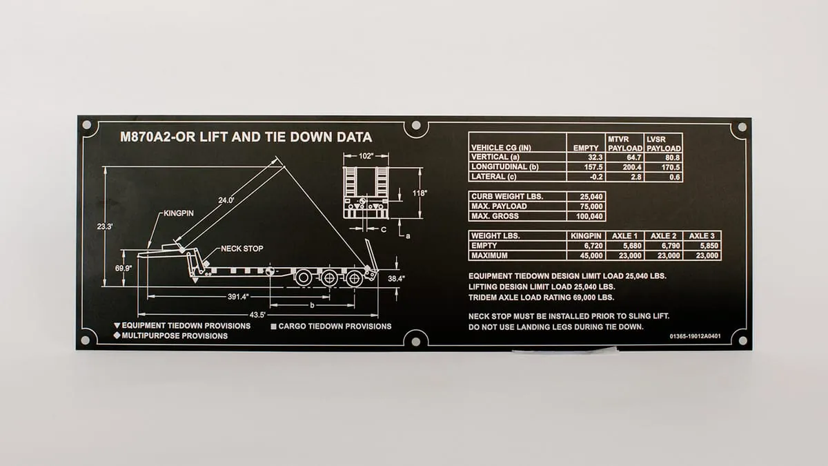 A black Metalphoto trailer lift and tie-down data plate with load diagrams and weight tables