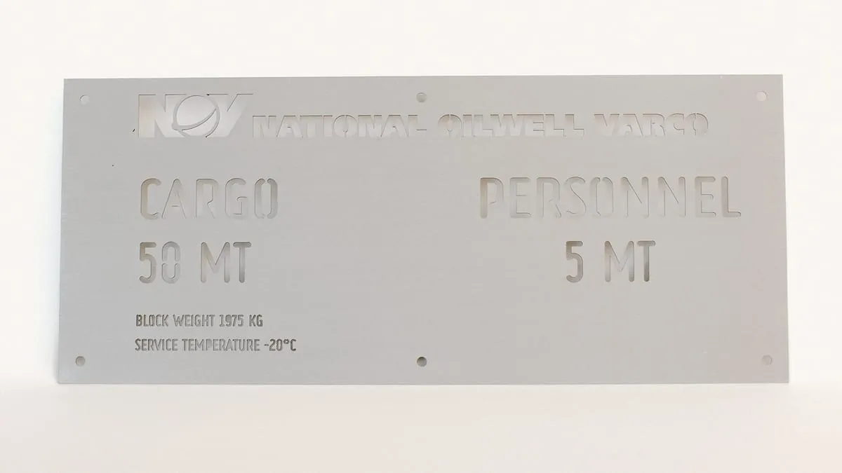 A stencil-cut stainless NOV cargo lifting plate rated 50 MT