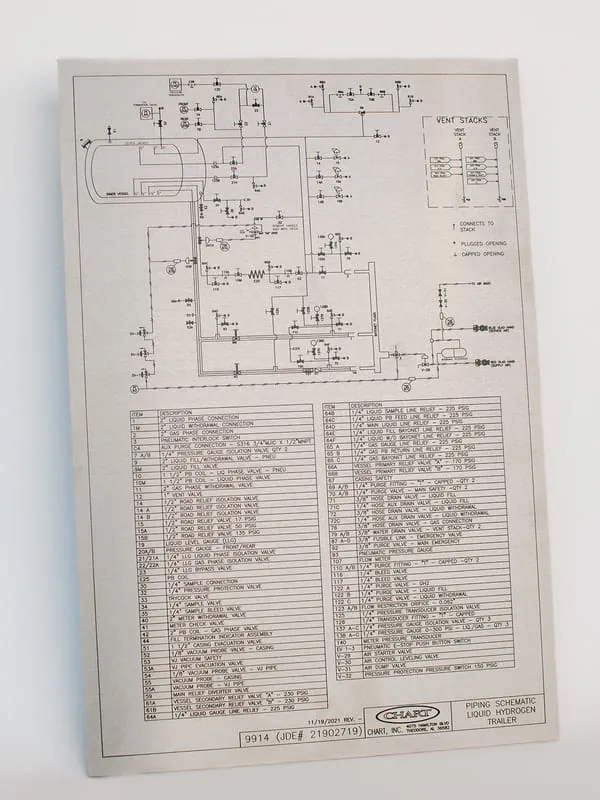 An etched metal panel reproducing a full wiring schematic and parts list