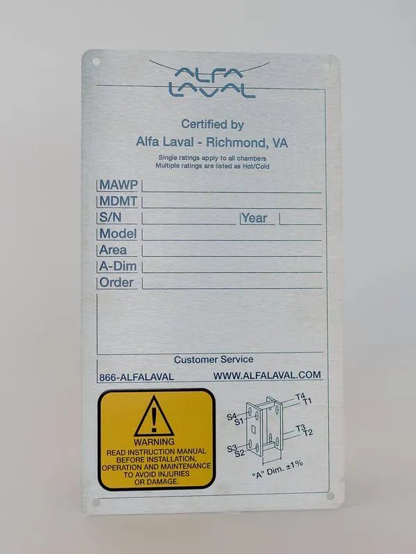 A stainless steel Alfa Laval certification plate with MAWP and MDMT rating fields