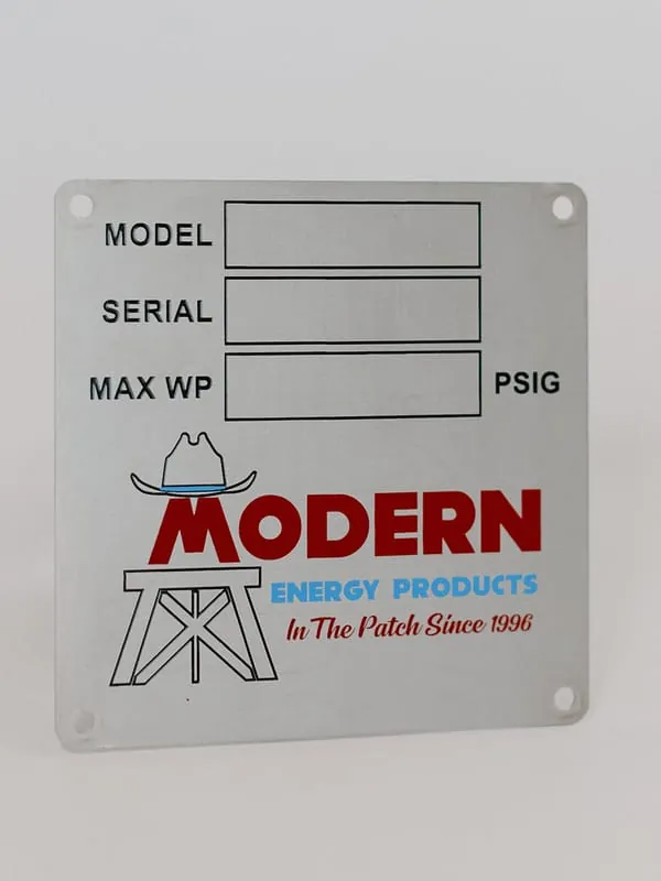A stainless steel Modern Energy Products data plate with model, serial, and pressure fields