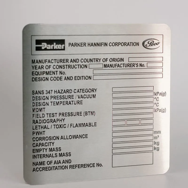 A stainless steel Parker Hannifin pressure vessel data plate